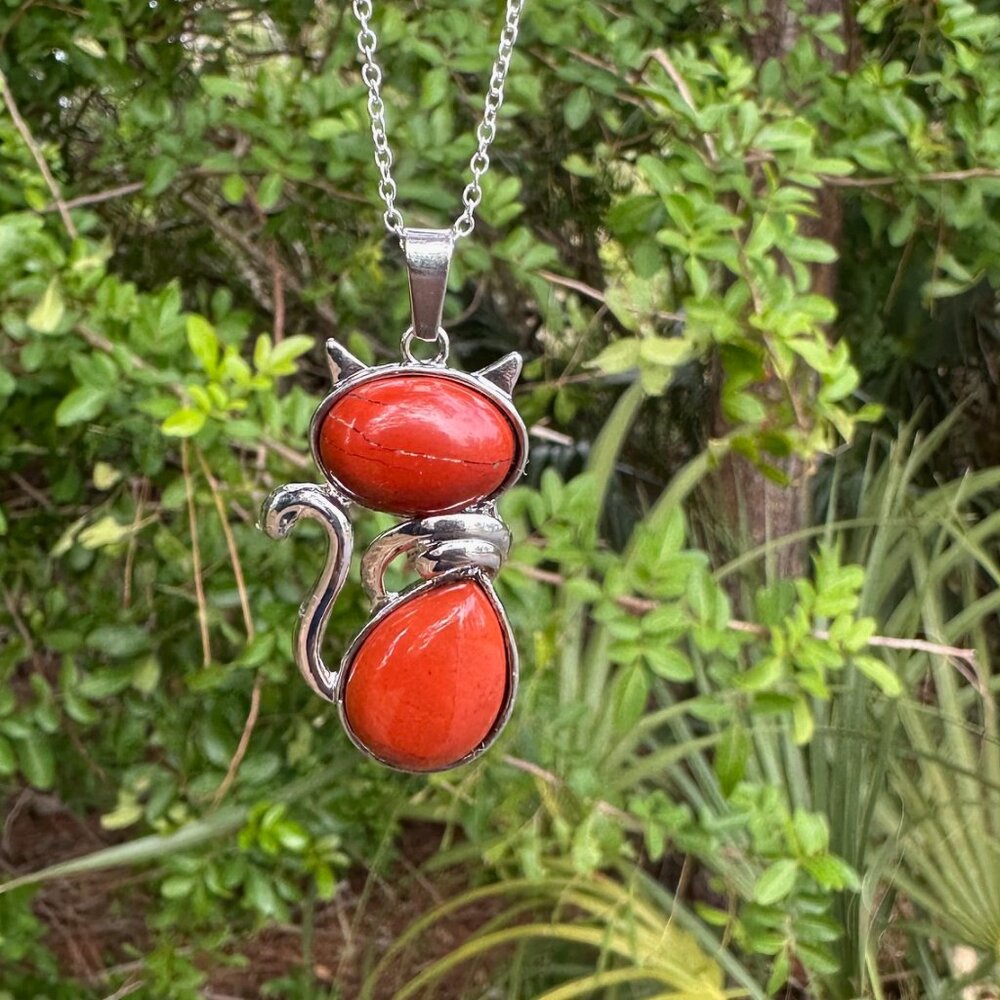 Large Red Jasper Cat Pendant Necklace